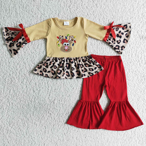Embroidery brown  reindeer leopard and red pants girl clothing