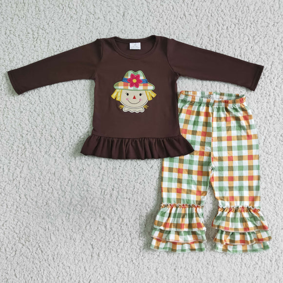 Embroidery Girl's brown long-sleeved top + orange and green plaid trouser suit