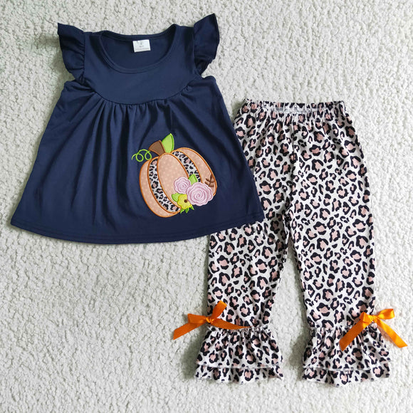 Embroidery pumpkin top+leopard pants