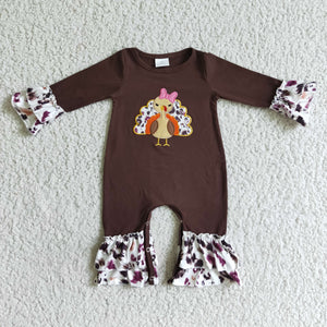 Embroidery Thanksgiving Brown Turkey girl romper