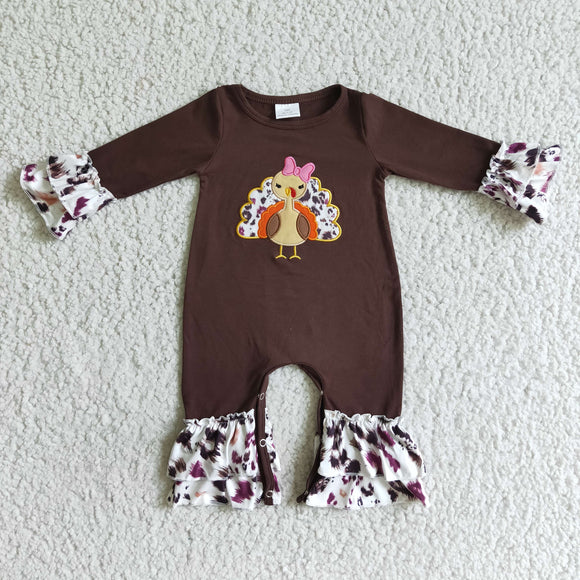 Embroidery Thanksgiving Brown Turkey girl romper