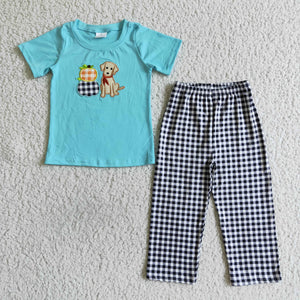 Embroidery blue dog pumpkin boy outfits