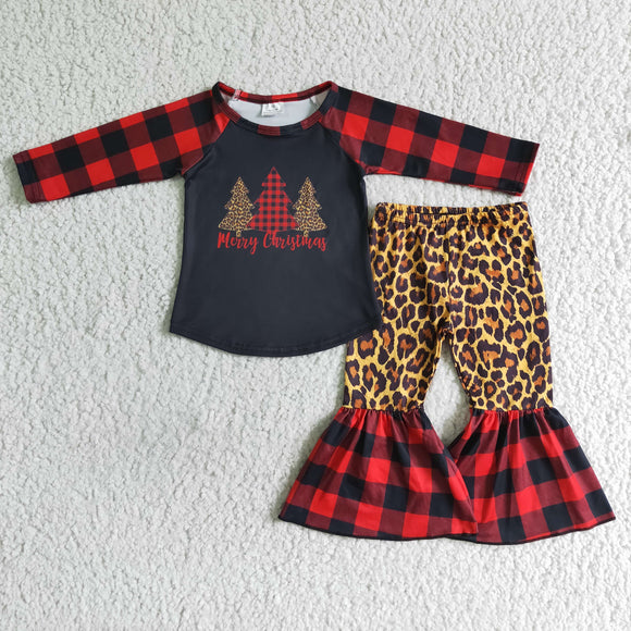 Christmas red plaid and leopard pants girls clothing outfits