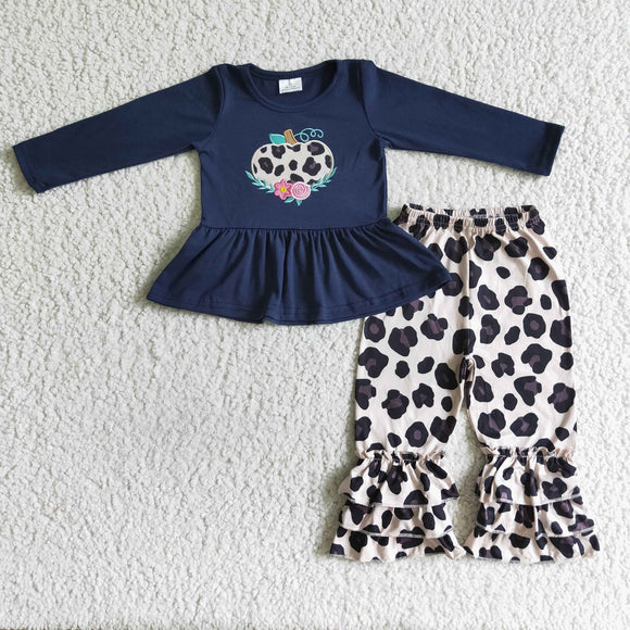 Embroidered leopard pumpkin long-sleeved top + Leopard print trousers for girls suit