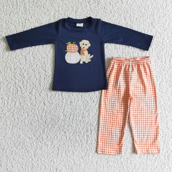 Halloween Embroidered pumpkin orange plaid trousers boys outfits