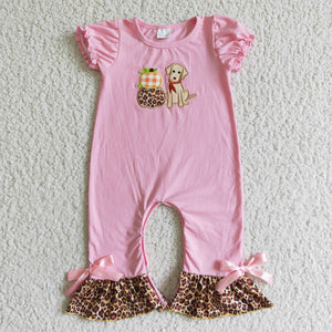 Embroidery pink dog pumpkin romper