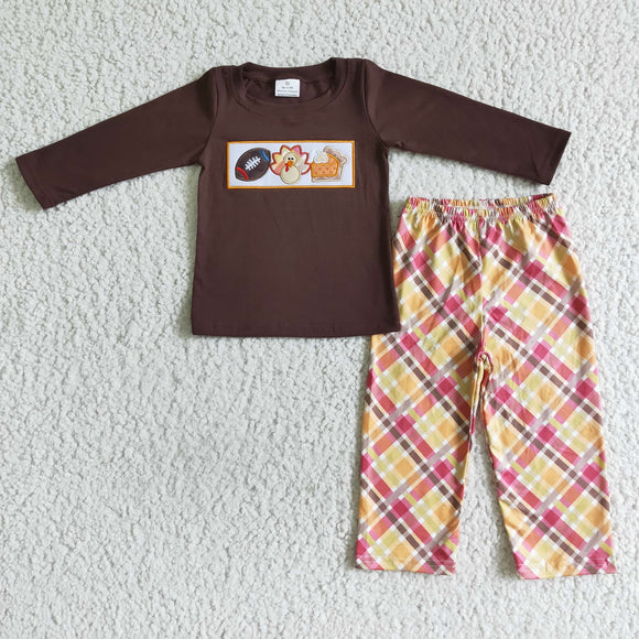 Thanksgiving brown long-sleeved top + colored line pants boy suit