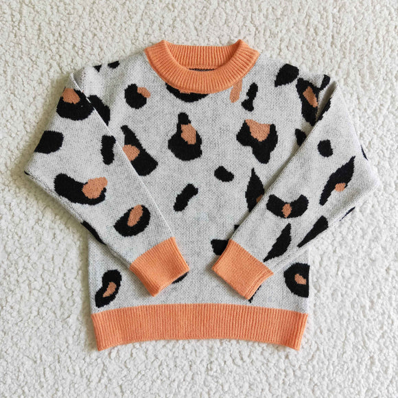 Girl's gray leopard print long-sleeved sweater