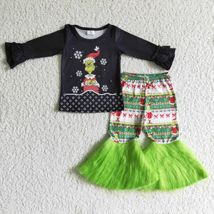 Christmas black and green fur pants outfits