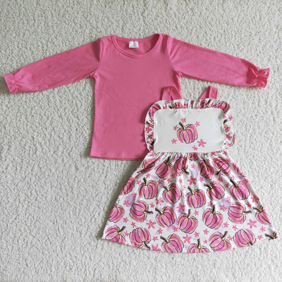 Halloween pink pumpkin suspenders dress set
