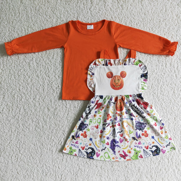 Halloween orange pumpkin suspenders dress set