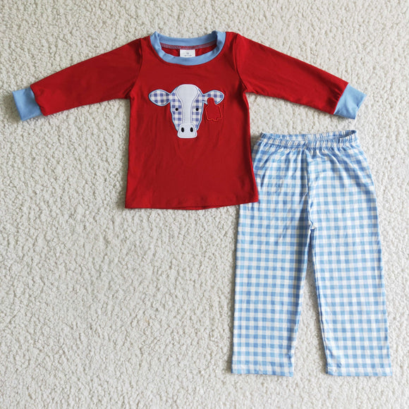 Embroidery Red bull print blue plaid pants