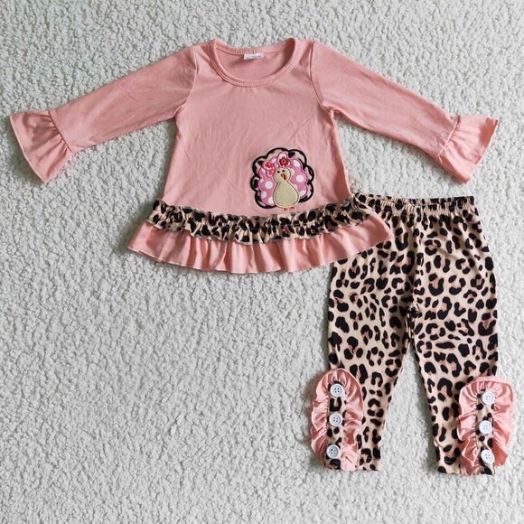 embroidery Thanksgiving pink Turkey leopard print girls outfits
