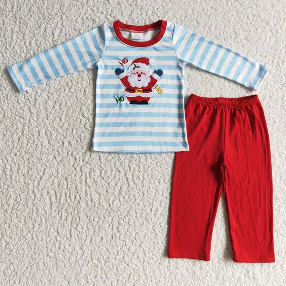 embroidery Christmas blue striped red trousers boy's clothes