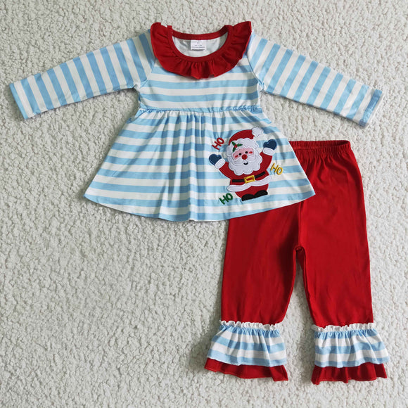 embroidery Christmas blue striped red trousers girl's clothes