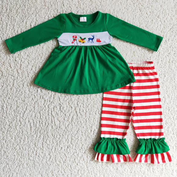 Christmas green top red stripe girls clothing
