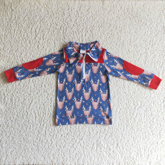blue and red deer pullover