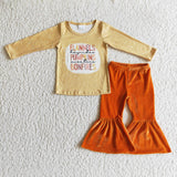 yellow milk silk top +velvet Flared trousers girls clothing