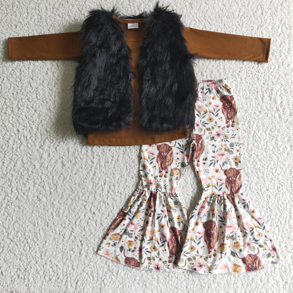 cow flower girl clothing outfits +black vest