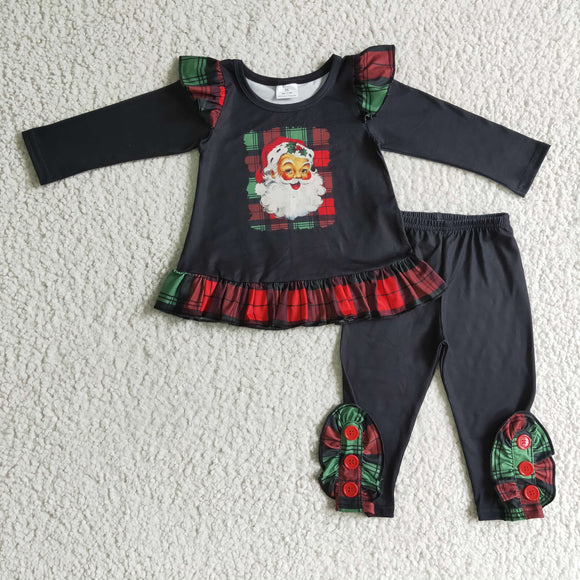 Christmas black top +green and red plaid pants girls clothing