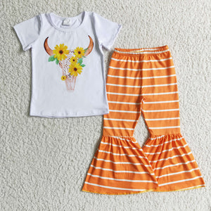 cow flower and orange stripe Short sleeve flared trouser suit