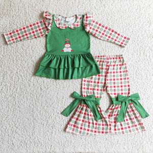 Christmas green plaid snowman girls clothing