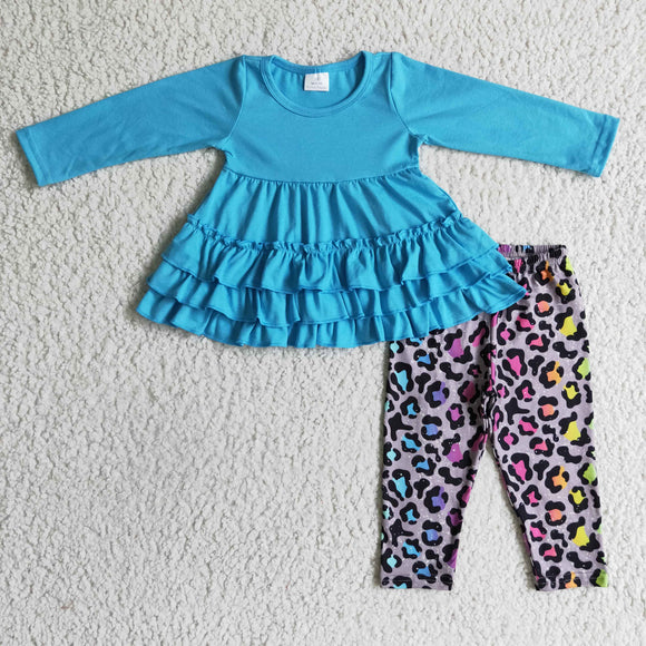 blue ruffle top and leopard pants girls clothing