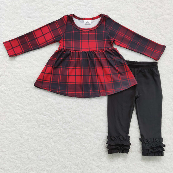 red plaid and black ruffle pants girls clothing