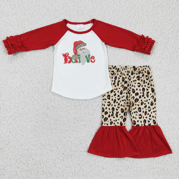 Christmas girls clothing believe leopard long sleeve outfits