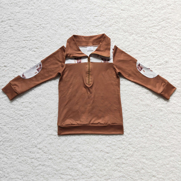 long sleeve brown skull cow pullover