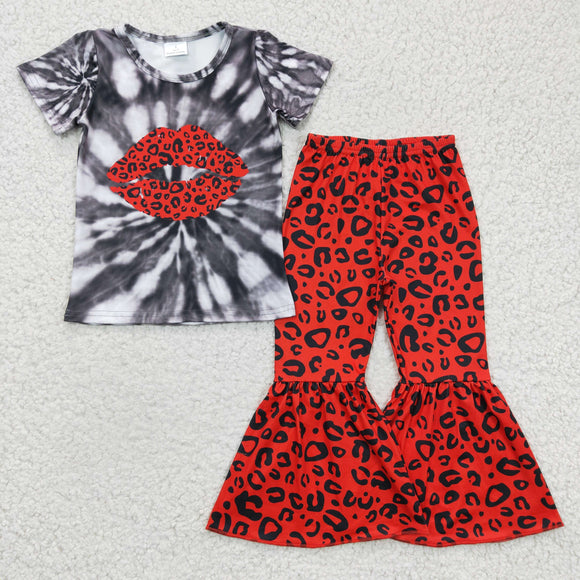 lips red leopard Short sleeve flared trouser suit