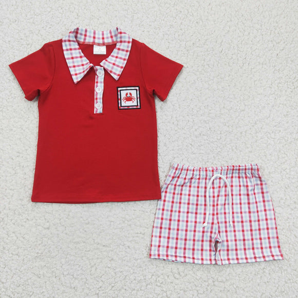 summer Embroidered crab red plaid boy outfits