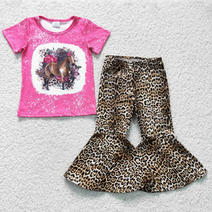 western horse pink top + Leopard print leather pants girls clothing