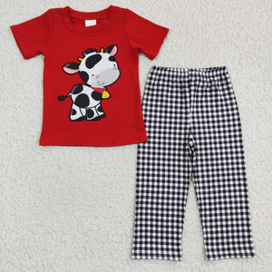 Embroidered cow short sleeve checked straight leg pant suit