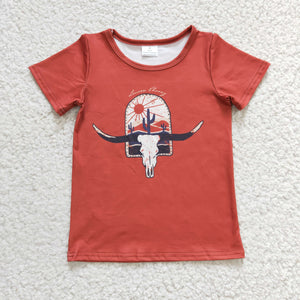 western skull cow orange girls top