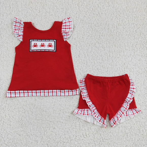 Embroidered crab red plaid girls outfits