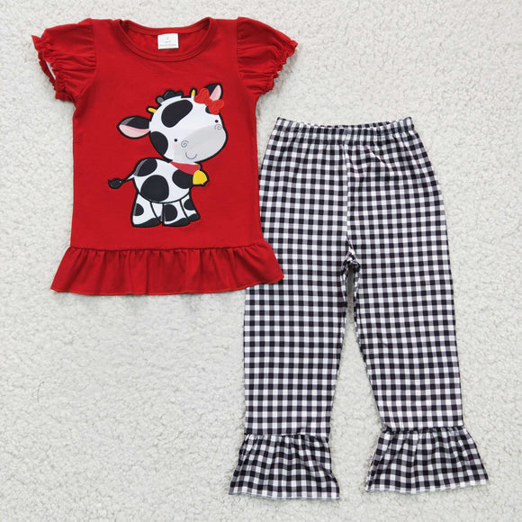 Embroidered cow red and plaid girls clothing