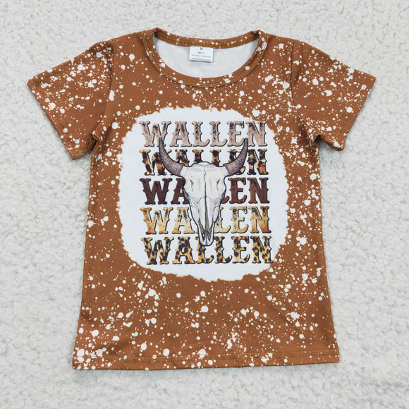 wakllen skull cow short sleeve brown girls top