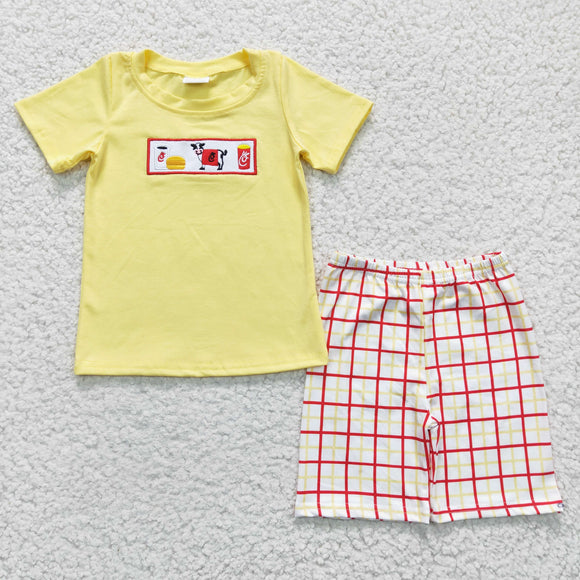 summer yellow Embroidered cow plaid boy outfits