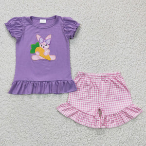 embroidery  purple bunny pink plaid outfits