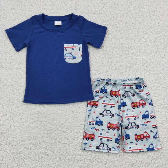 summer blue Fire truck and police car boy clothing