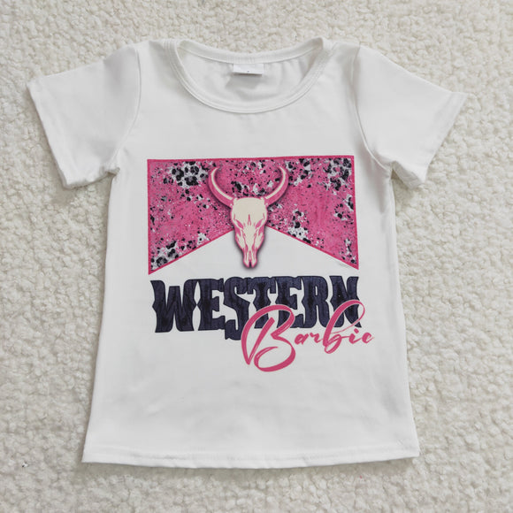 white and pink western barbie skull cow girls top