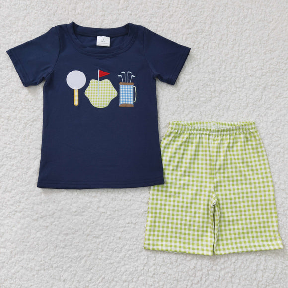 Golf ball blue and green plaid embroidered boy outfits