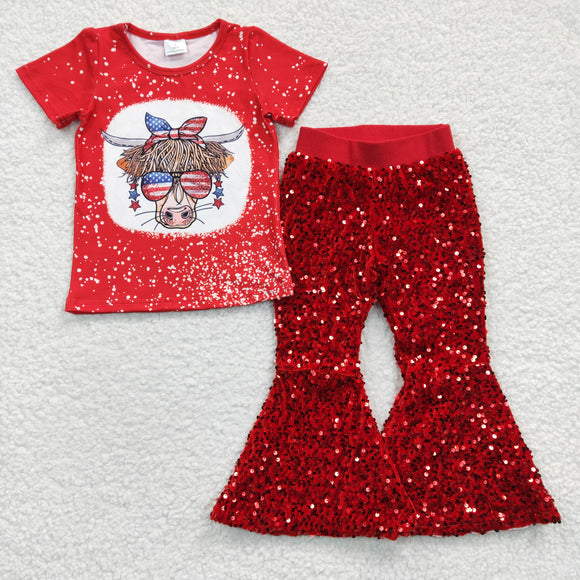 4th of July cow top and red sequins pants girls clothing