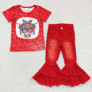 cow 4th of July  girls  top +red jeans outfits