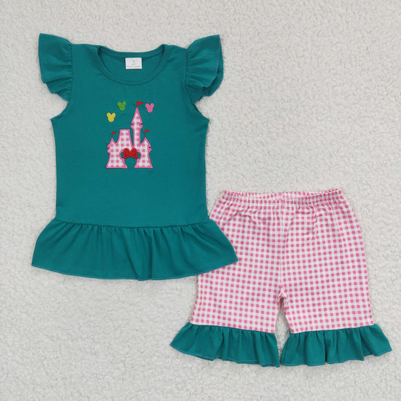 summer Embroidery castle green girls cartoon mouse outfits
