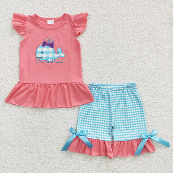 summer pink embroidered whale girls cartoon outfits
