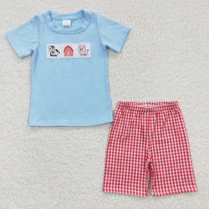 Embroidered Farm blue and red plaid boy outfits