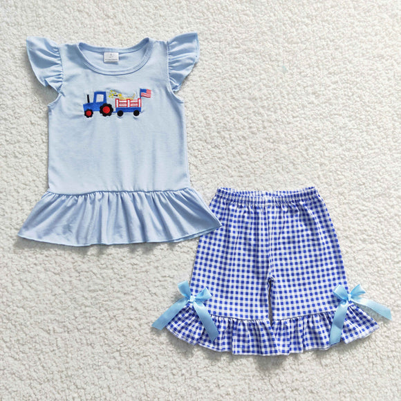 summer embroidered 4th of July blue girls outfits