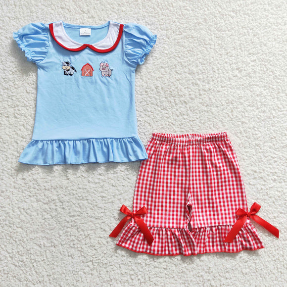 Embroidered Farm blue and red plaid girls outfits